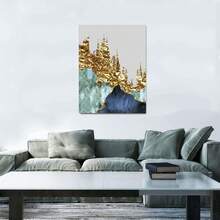 金箔畫布畫藍色方塊現代抽象壁畫海報,印刷北歐藝術家居裝飾圖片客廳裝飾,無框