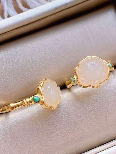 1pc Traditional Crafted Gilded Lotus & Turquoise Decor Palace-Style Ring, Suitable For Women To Wear Everyday, Festival, Party, Gift For Girlfriend Or Mother