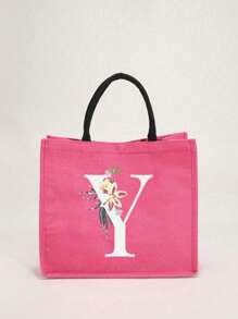 1个简约字母印花亚麻手提袋，情人节送给女友的礼物，多功能便携手提包，教师节送给女性的礼物，字母印花手提袋，化妆包，优雅旅行沙滩包，可重复使用的购物袋，适合婚礼、生日、海滩、节日和其他场合，送给女性的绝佳礼物 - 玫紅色 - 查看 29