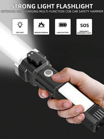 مصباح يدوي قوي قابل للشحن ب- 4 مصابيح LED - شعاع قوي، وظيفة التكبير، ضوء COB جانبي، محمول، للاستخدام في الهواء الطلق، مطرقة السلامة للسيارات، إضاءة طوارئ متعددة الوظائف