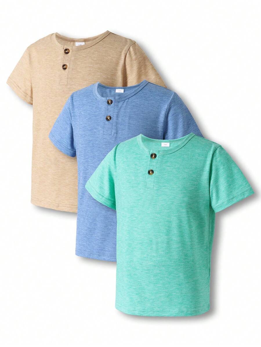 3pcs/Set Tween Boy Casual Half Open Crew Neck Button Short Sleeve T-Shirt - Multicolor - View 1
