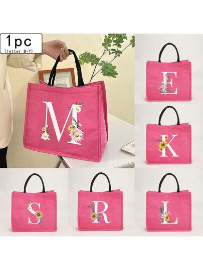 1个简约字母印花亚麻手提袋，情人节送给女友的礼物，多功能便携手提包，教师节送给女性的礼物，字母印花手提袋，化妆包，优雅旅行沙滩包，可重复使用的购物袋，适合婚礼、生日、海滩、节日和其他场合，送给女性的绝佳礼物