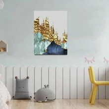 金箔畫布畫藍色方塊現代抽象壁畫海報,印刷北歐藝術家居裝飾圖片客廳裝飾,無框