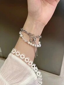 1入組寶石水晶珍珠鍊彈性不鏽鋼錶帶,滑動扣環,適用於蘋果手錶38mm40mm41mm42mm44mm45mm,銀色 - 銀色 - 查看 12