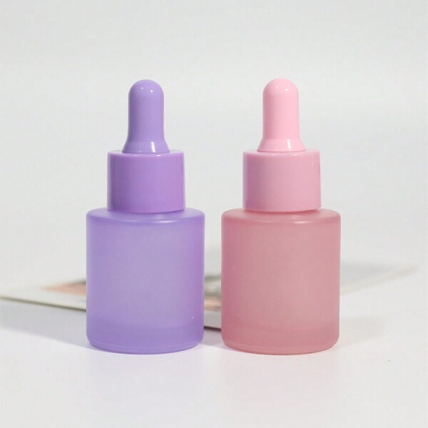 2pcs 20ml Flat Shoulder Glass Dropper Bottles Empty Refillable Frosted Pink/Purple Serum Essential Oil Bottle With Glass Pipette For Cosmetic