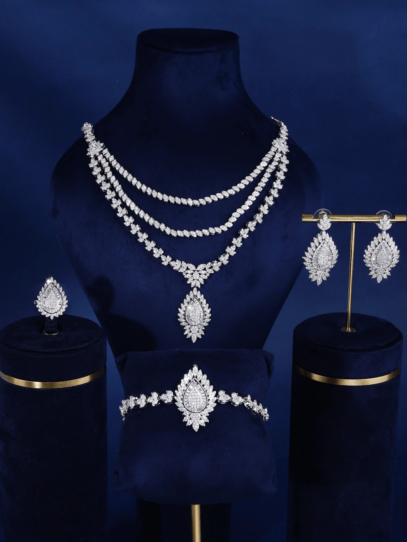 Three Layer Water Droplet Necklace Jewelry Set, Electroplated Rhodium,  4PCS, Bride's Wedding,  Party Accessories - Three layer chain - View 1