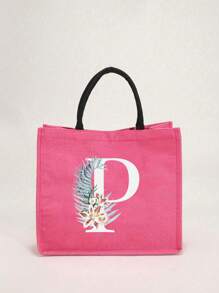 1个简约字母印花亚麻手提袋，情人节送给女友的礼物，多功能便携手提包，教师节送给女性的礼物，字母印花手提袋，化妆包，优雅旅行沙滩包，可重复使用的购物袋，适合婚礼、生日、海滩、节日和其他场合，送给女性的绝佳礼物 - 玫紅色 - 查看 14