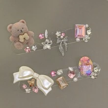 1 盒摩卡棕色可爱卡通假指甲 DIY 材料包，毛绒泰迪熊蝴蝶结，珍珠心猫指甲装饰配件，多色水钻装饰，秋冬复古星星闪亮水钻混合指甲装饰 - 摩卡棕 - 查看 6