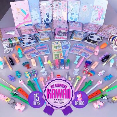 Caixa Surpresa Kawaii Papelaria Fofa Kit 15 Itens