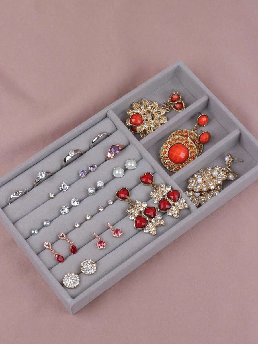 1pc Gray Three-Compartment Jewelry Tray & Box With Velour Padded Compartments For Rings, Earrings, Bracelets, Necklace Display And Storage - Grey - View 1