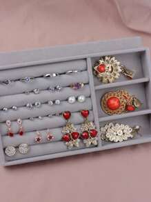 1pc Gray Three-Compartment Jewelry Tray & Box With Velour Padded Compartments For Rings, Earrings, Bracelets, Necklace Display And Storage - Grey - View 7