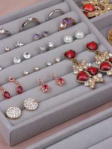 1pc Gray Three-Compartment Jewelry Tray & Box With Velour Padded Compartments For Rings, Earrings, Bracelets, Necklace Display And Storage - Grey - View 5