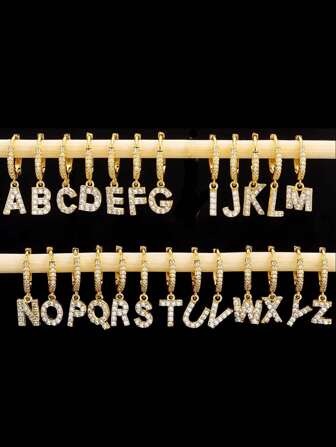 1入組銅方晶鋯石水鑽女士字母耳環適合女士首飾類迷人日期禮品