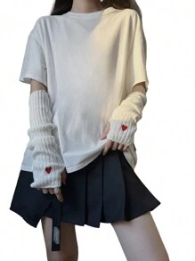 1對甜美又可愛的白色無指臂套，繡有紅心/貓爪圖案的針織手套/袖套，日式簡約女款手套，可愛的洛麗塔公主風格黑色手套和有Y2K元素的針織臂套，適用於學生/日常穿著/外出/派對等場合 - 彩色 - 查看 3