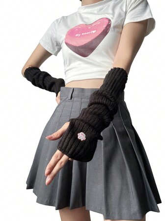 1對甜美又可愛的白色無指臂套，繡有紅心/貓爪圖案的針織手套/袖套，日式簡約女款手套，可愛的洛麗塔公主風格黑色手套和有Y2K元素的針織臂套，適用於學生/日常穿著/外出/派對等場合