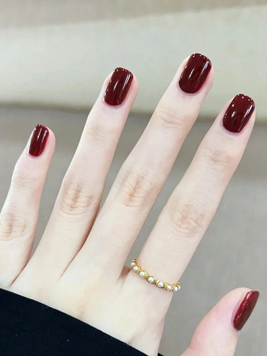 24入組短方形純色酒紅色指甲藝術套裝，歐美風格，附1入組果凍膠和1入組指甲文件。 - 彩色 - 查看 1
