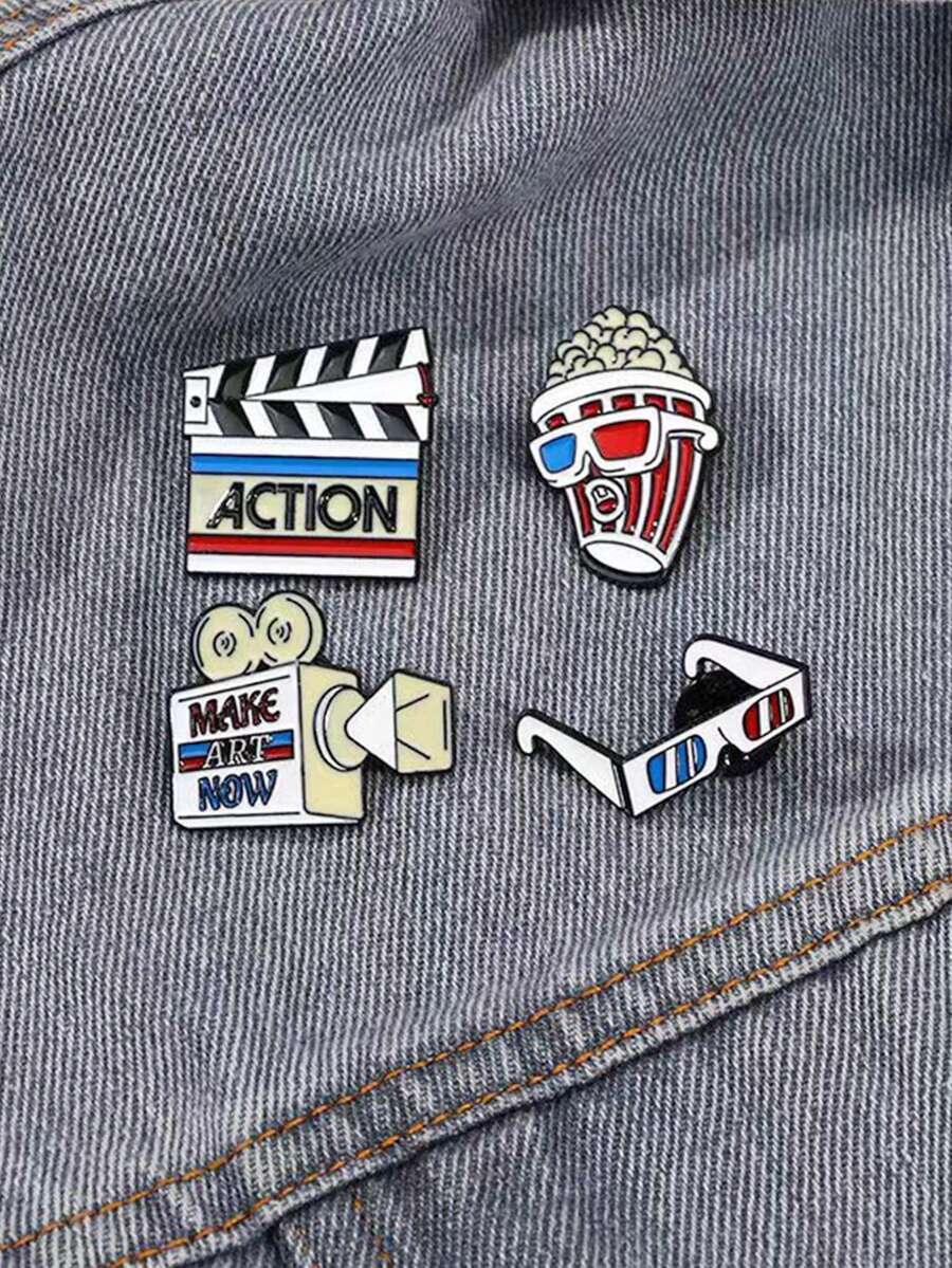 4pcs Delicate Geometric Design Movie Series Enamel Pins, Including Fun Cartoon Popcorn, Projector, Glasses Brooches - Multicolor - View 1