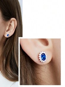 1 Quilate Elegantes y de Moda Clásicos Pendientes de Botón de Zafiro Azul Real Estilo Princesa Diana, Hechos a Mano con Plata de Ley S925, Adecuados para Compromiso, Boda, Regalos para Novia, Fiestas, Eventos Formales y Uso Diario - Pendientes estilo princesa Diana - Ver 4