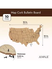 JUVALE Cork Board Map Of The United States With 10 Pins To Mark Travels, Home And Office Wall Decor- Continental USA Cork Board (16 X 10 X 0.3 In) - 棕色 - 查看 6
