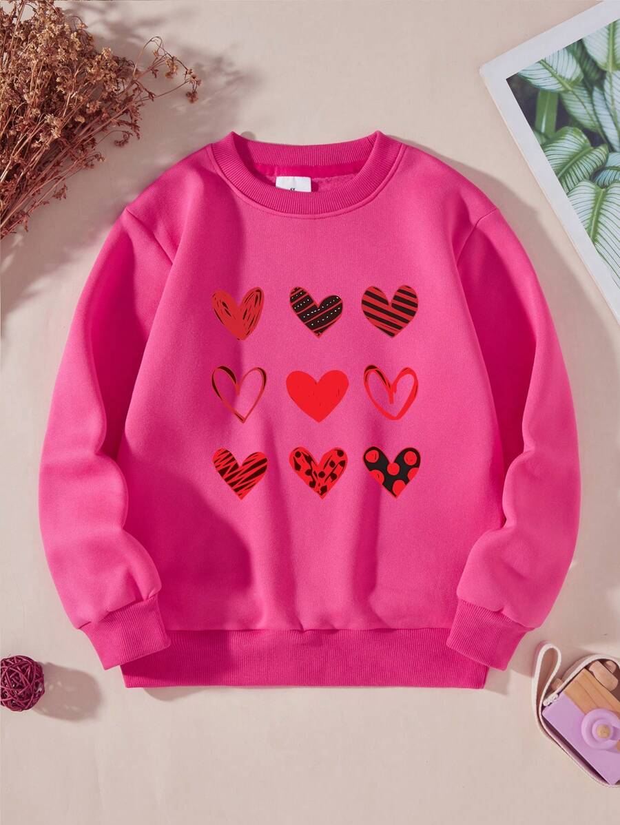 Áo nỉ cổ tròn in hình trái tim cho bé gái, mùa thu/đông - Màu Hồng Tươi - Xem 1