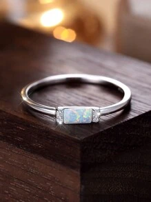 1 Miếng Đơn giản Bạc nguyên chất Hình chữ nhật Trắng Opal & Nhỏ bé Trắng Kim cương Nhẫn Đối với phụ nữ , Hôn ước Hoặc Kỷ niệm ngày cưới Qủa tặng Hoặc Nhẫn Hứa - Bạc - Xem 2