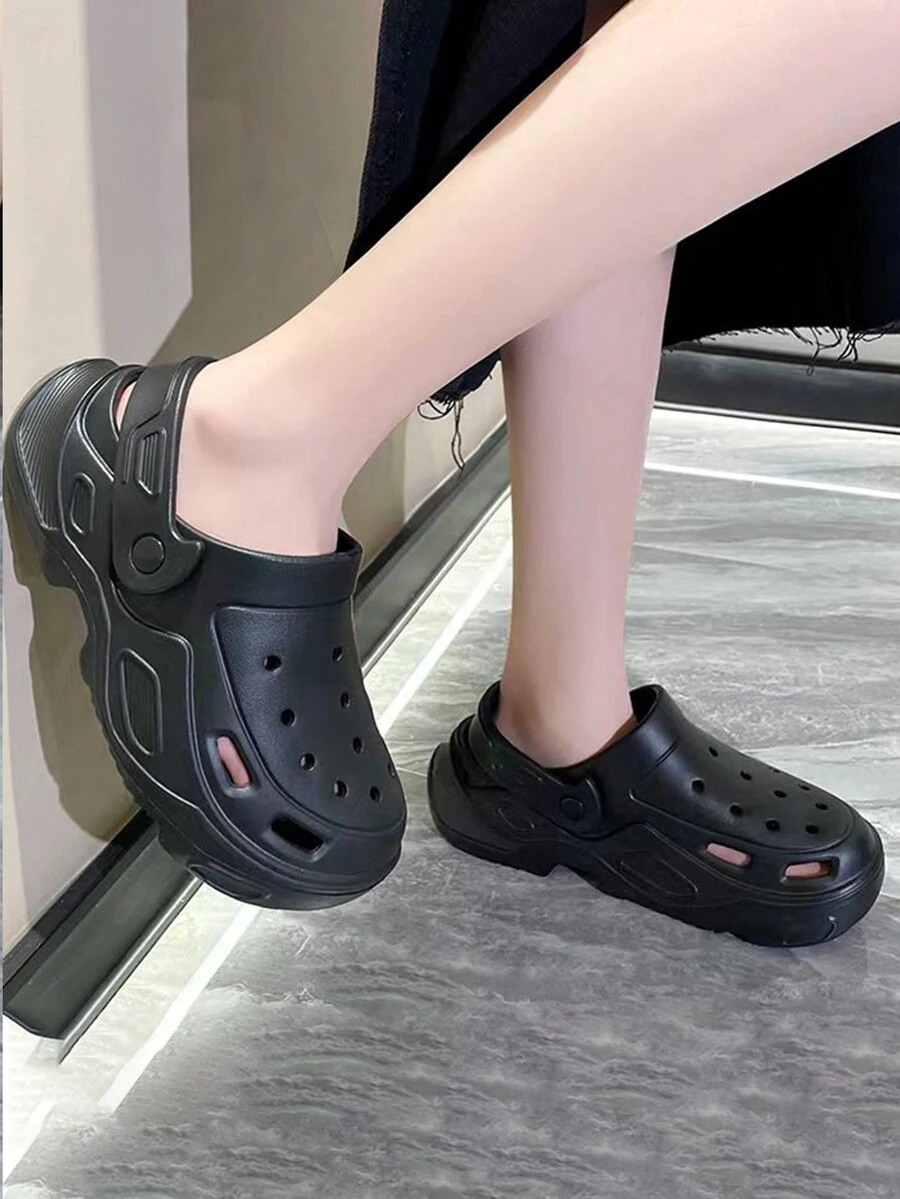 女款透氣黑色圓頭厚底坡跟涼鞋,休閒舒適,適合海灘、戶外和室內活動 - 黑色 - 查看 1