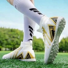 High-Top Men's Plus Size Football Shoes / Women's Long Stud Soccer Shoes For Training, Anti-Slip & Durable With Spikes, Professional Soccer Competition Boots, White Color - White - View 5