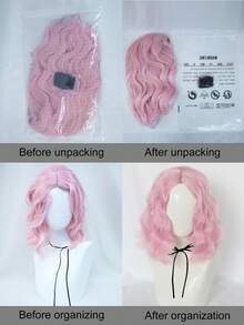 捲曲波浪 12 英寸短粉色假髮合成頭髮無瀏海 Bob 假髮適合派對全機制假髮自然色動漫角色扮演假髮萬聖節禮物和 1 件假髮帽 - 粉色 - 查看 6