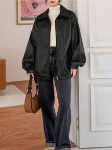 Women's Jacket With Pockets And Dropped Shoulders - Black - View 1