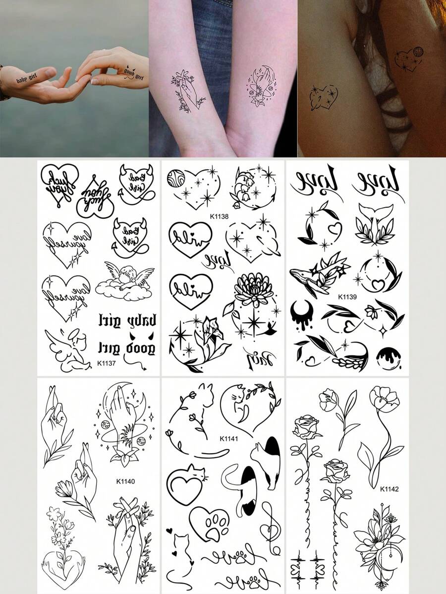 6 張夜光逼真臨時紋身情侶紋身貼紙小假紋身,愛心花花束貼紙適合情侶情侶情人節 - 黑色 - 查看 1
