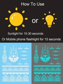 4 piezas de tatuajes temporales con patrón mandala luminoso azul para muñeca, pecho, abdomen y espalda - Azul - Ver 4