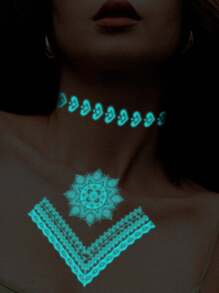 4 piezas de tatuajes temporales con patrón mandala luminoso azul para muñeca, pecho, abdomen y espalda - Azul - Ver 3