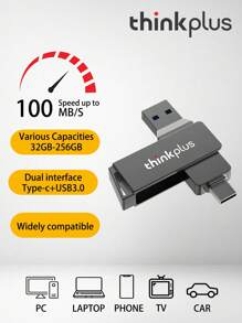 Lenovo Thinkplus MU251 32GB/64GB/128GB/256GB/512GB USB3.0+Type-C Disco U metálico giratório de dupla porta, Transmissão de alta velocidade U Disk