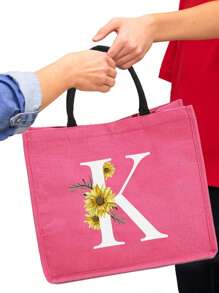 1个简约字母印花亚麻手提袋，情人节送给女友的礼物，多功能便携手提包，教师节送给女性的礼物，字母印花手提袋，化妆包，优雅旅行沙滩包，可重复使用的购物袋，适合婚礼、生日、海滩、节日和其他场合，送给女性的绝佳礼物 - 玫紅色 - 查看 7