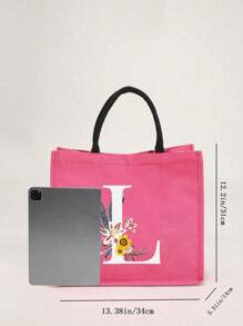 1个简约字母印花亚麻手提袋，情人节送给女友的礼物，多功能便携手提包，教师节送给女性的礼物，字母印花手提袋，化妆包，优雅旅行沙滩包，可重复使用的购物袋，适合婚礼、生日、海滩、节日和其他场合，送给女性的绝佳礼物 - 玫紅色 - 查看 5