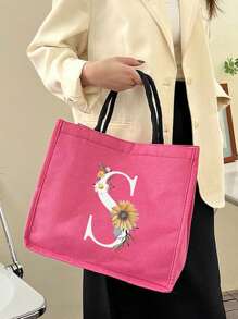 1个简约字母印花亚麻手提袋，情人节送给女友的礼物，多功能便携手提包，教师节送给女性的礼物，字母印花手提袋，化妆包，优雅旅行沙滩包，可重复使用的购物袋，适合婚礼、生日、海滩、节日和其他场合，送给女性的绝佳礼物 - 玫紅色 - 查看 4