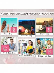 1个简约字母印花亚麻手提袋，情人节送给女友的礼物，多功能便携手提包，教师节送给女性的礼物，字母印花手提袋，化妆包，优雅旅行沙滩包，可重复使用的购物袋，适合婚礼、生日、海滩、节日和其他场合，送给女性的绝佳礼物 - 玫紅色 - 查看 9