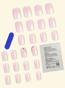 Y2k Upgrade Your Look: 24pcs/Set Long Square Shape Pink Nails With French Ombre & Rhinestone Chain Design, Sweet, Elegant, Luxurious And Simple Style, Detachable Press On Nails Suitable For Holiday, Party, Date, And Daily Wear Nail Supplies - Pink - View 3
