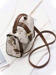 Túi xách đeo chéo vai nữ thời trang bằng da mềm có in chữ, túi vuông nhỏ đa năng - Màu be - Xem 2