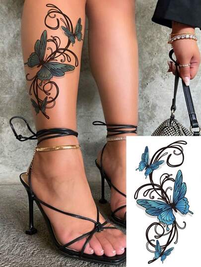 1 Sheets Large Size Body Art Temporary Tattoo Stickers For Women Or Men, 3D Old School Style Blue Butterfly Pattern, Waterproof Fake Tattoo, Lasts 2-5 Days, Covering Scars,Can Be Used On Arms Wrist Shoulders Legs Waist Neck Hand Chest Thighs Finger