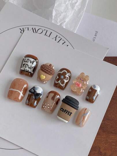 ハンドメイドカフェ風グラフィックデザイン付き短めのフェイクネイル ジェリーグルー＆ネイルファイル＆取り外し可能な再利用可能 10個セット女性用