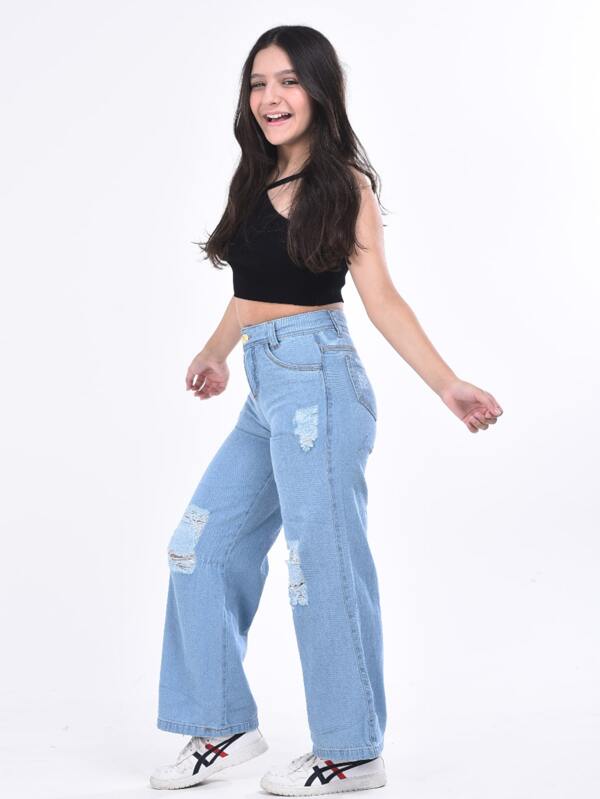 Calça wide leg pantalona jeans infantil juvenil com estampa
