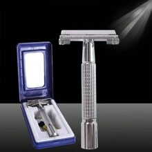 1pc Retro Alloy Material Manual Shaving Razor With Rotating Double-Edged Blade And Stainless Steel Blades In A Box - Silver - View 1