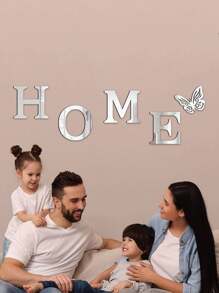 5pcs 3d Acrylic Mirror Wall Stickers Home Decoration, Diy Self-Adhesive Silver Acrylic Decals With Letter Logo For Living Room, Bedroom