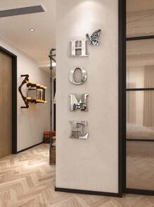 5pcs 3d Acrylic Mirror Wall Stickers Home Decoration, Diy Self-Adhesive Silver Acrylic Decals With Letter Logo For Living Room, Bedroom