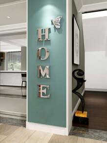 5pcs 3d Acrylic Mirror Wall Stickers Home Decoration, Diy Self-Adhesive Silver Acrylic Decals With Letter Logo For Living Room, Bedroom