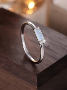 1 Miếng Đơn giản Bạc nguyên chất Hình chữ nhật Trắng Opal & Nhỏ bé Trắng Kim cương Nhẫn Đối với phụ nữ , Hôn ước Hoặc Kỷ niệm ngày cưới Qủa tặng Hoặc Nhẫn Hứa - Bạc - Xem 5