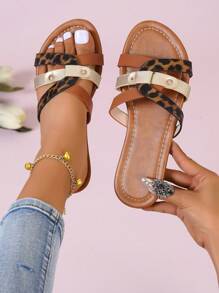 Women's Fashionable Round Toe Leopard Print Cross Strap Flat Slippers - Brown - View 1