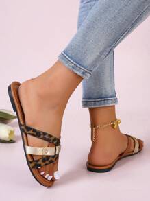 Women's Fashionable Round Toe Leopard Print Cross Strap Flat Slippers - Brown - View 4