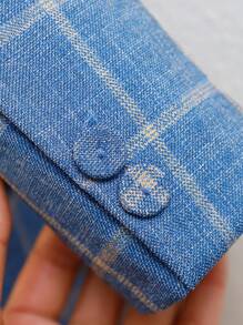 2pcs Young Boy Plaid Suit Set Including Suit Jacket, Pants And Bow Tie, Spring - Blue - View 5